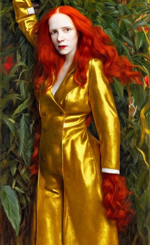 Prompt: portrait of a woman with long red hair, very beautiful style, the girl standing, in a gold suit, photorealism, against a winter garden, vanya comoretti,