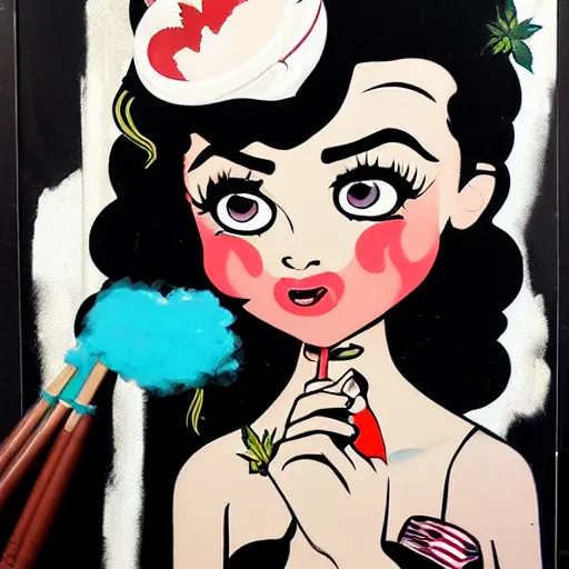 Image similar to smoking betty boop painting by sachin teng x supreme, matte paint, street art, : 5 marijuana, graffiti, smoke, hard edges, geometric shapes, by sachin teng : 6