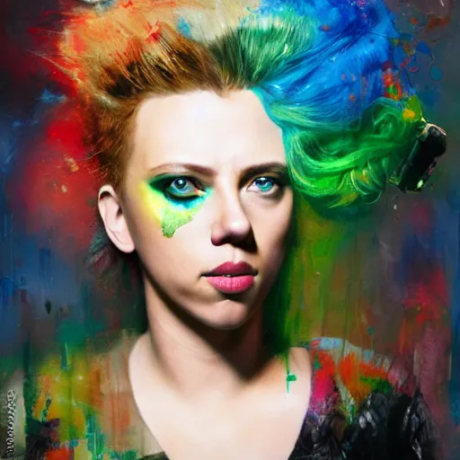 Prompt: drunken scarlett johansson as delirium from sandman, one green eye and one blue eye, hallucinating colorful soap bubbles, by jeremy mann, by sandra chevrier, by dave mckean and richard avedon and maciej kuciara, 1 9 8 0's, punk rock, tank girl, high detailed, 8 k