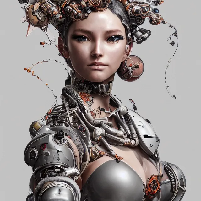 Prompt: the portrait of true neutral semi - colorful female cyborg mechanist as absurdly beautiful, gorgeous, elegant, young swimsuit model looking up, an ultrafine hyperdetailed illustration by kim jung gi, irakli nadar, intricate linework, detailed faces, sharp focus, octopath traveler, unreal engine highly rendered, global illumination, radiant light, detailed and intricate environment