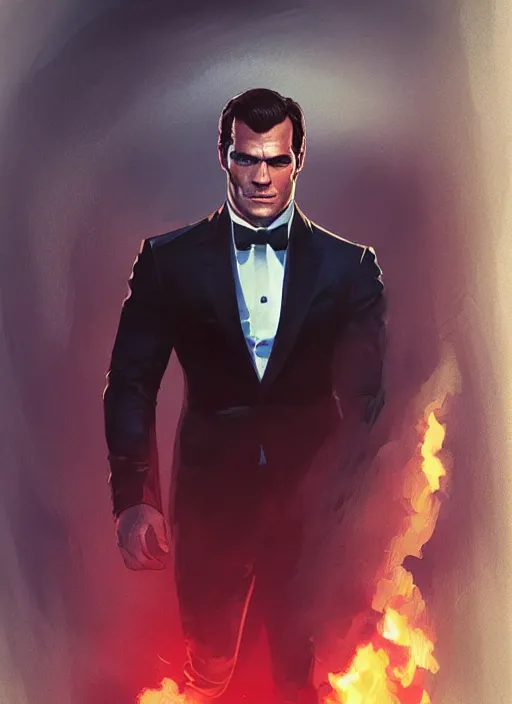 Image similar to portrait of henry cavill as james bond, casino, key art, highly detailed, digital painting, artstation, concept art, cinematic lighting, sharp focus, illustration, art by artgerm and greg rutkowski and alphonse mucha