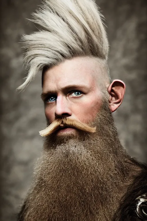 Prompt: 8K Photography from a Male muscled short haired Elven King, designer beard, by Jimmy Nelson