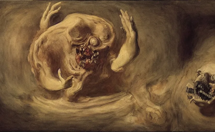 Image similar to a teratoma in the middle of a museum room realizing that he has consciousness his misshapen face expresses horror painted by edward hooper and goya