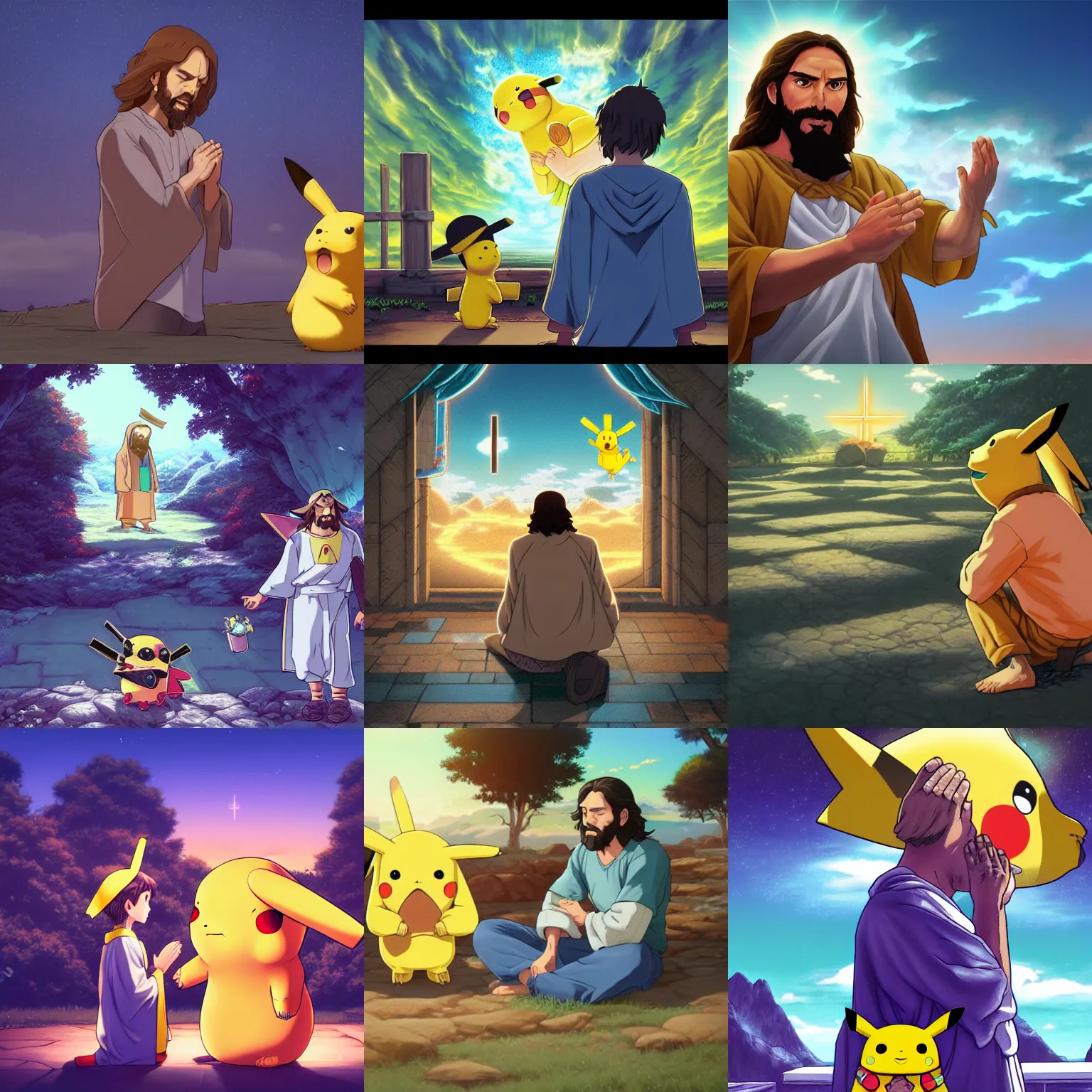 Prompt: a portrait of jesus praying to pikachu god, fantasy by dan mumford, yusuke murata and makoto shinkai, 8 k, cel shaded, unreal engine, featured on artstation, pixiv