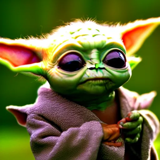 Prompt: real life Grogu, Baby Yoda, cute!!!, adorable!!!, ultra realistic!!!, golden hour, sharp focus