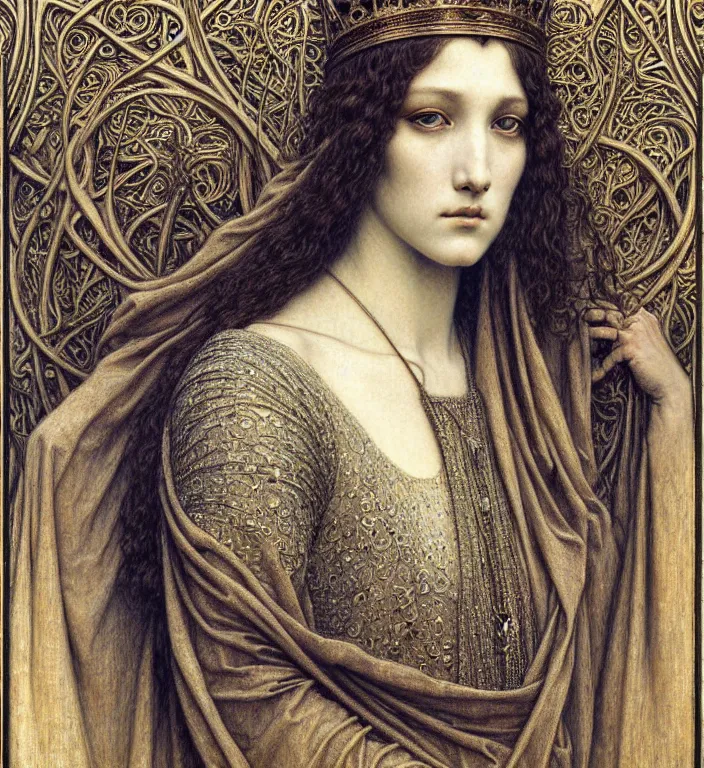 Image similar to detailed realistic beautiful young medieval queen face portrait by jean delville, gustave dore and marco mazzoni, art nouveau, symbolist, visionary, gothic, pre - raphaelite. horizontal symmetry