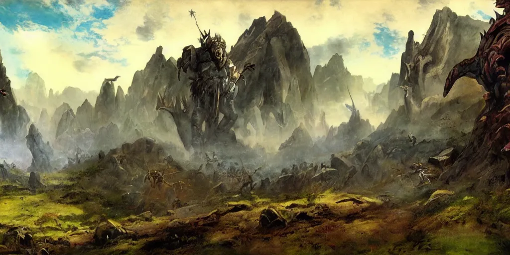 Image similar to epic fantasy landscape in the style of frank frezetta,