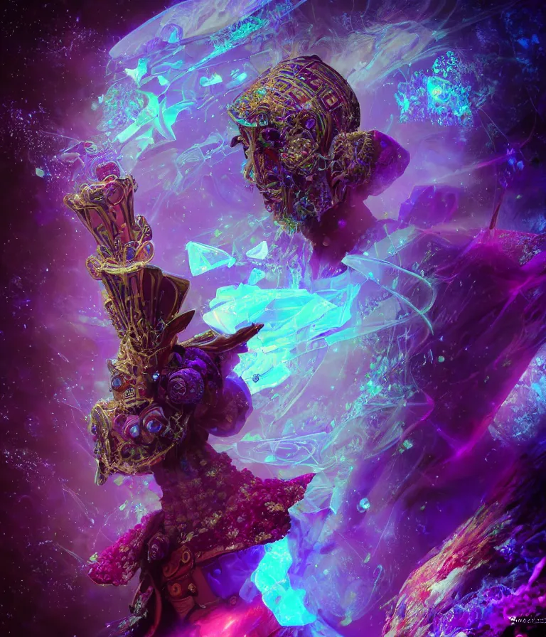 Prompt: impressive spectacular front!! shot photo of a court jester character fine portrait fine portrait mesmerizing fractal hyper cubes platinum cracked dark future hyper dimensional space galactic crystal nebula edges elegant detailed intricate concept artstation sharp focus ray tracing cinematic masterpiece temporal corruption beeple wlop germ 8 4 k scifi glossy hyper realistic illustration canon eos r 3 fujifilm x - t 3 0 sony alpha a 6 6 0 0