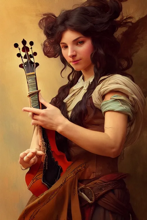 Prompt: beautiful bard holding a mandolin, accurate anatomy, only two hands, highly detailed, digital painting, artstation, concept art, smooth, sharp focus, illustration, Unreal Engine 5, 8K, art by Artgerm and greg rutkowski and alphonse Mucha