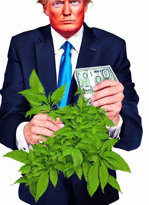 Prompt: digital portrait of a enthusiastic person looking like donald trump cultivating weed, holding pack of dollars in right hand, illustration realistic