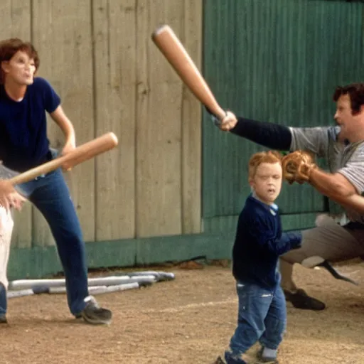 Image similar to the tv show'home movies ', swinging a baseball bat at birds