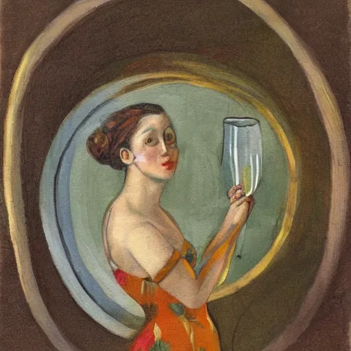 Prompt: a painting of a woman swimming inside a tall wineglass -