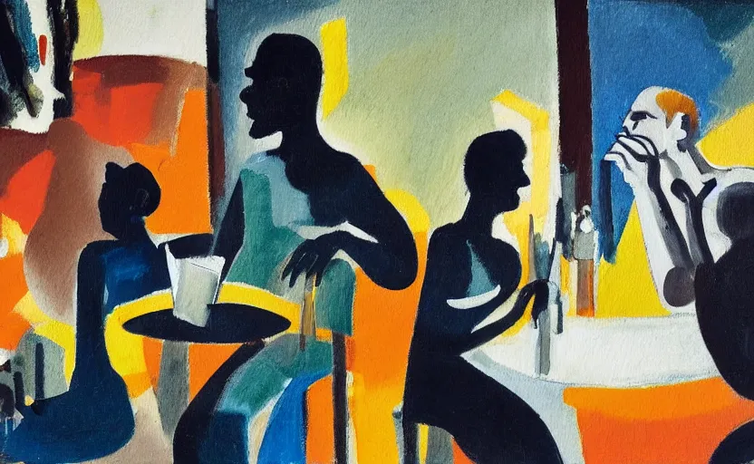 Prompt: oil painting in the style of john craxton. sailors talking in the shadows of jazz club. cheekbones. looking sideways. strong expressions on faces. smoke. holding cigarettes. playing cards. scratched. strong lighting. brush. single flower. in the style of ivon hitchins. seated figure hands on table. line drawing. high detail. painted