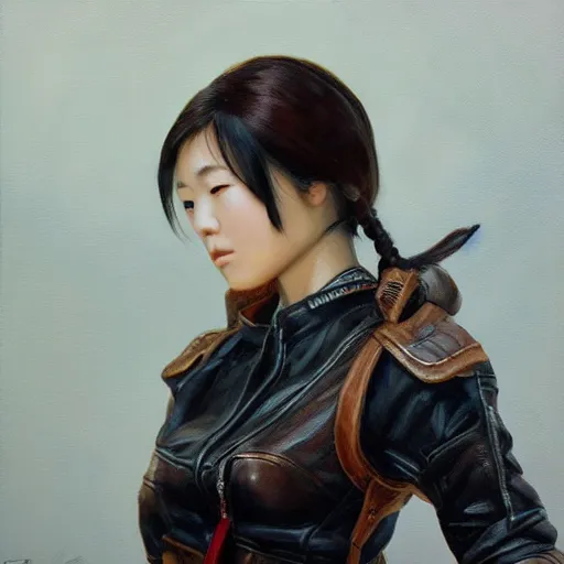 Image similar to perfect, realistic oil painting of close-up japanese young woman wearing leather jacket, in Guild Wars