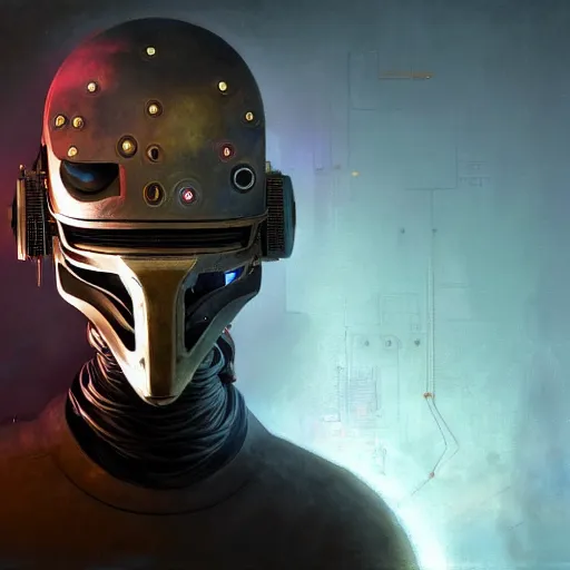 Image similar to a expressive portrait of masked diesel punk robot in dramatic lighting, depth of field background, artstation, award - winning realistic sci - fi concept art by jim burns and greg rutkowski, beksinski, a realism masterpiece, expressive color palette, james gilleard, bruegel, alphonse mucha, and yoshitaka amano