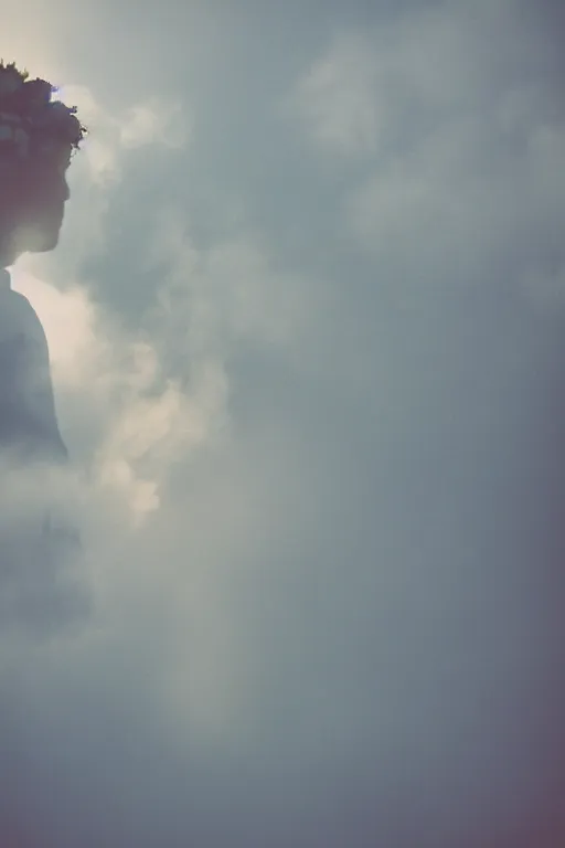 Prompt: agfa vista 4 0 0 photograph of a guy flying through the clouds, flower crown, lens flare, back view, moody lighting, moody vibe, telephoto, 9 0 s vibe, grain, vintage, tranquil, calm, faded