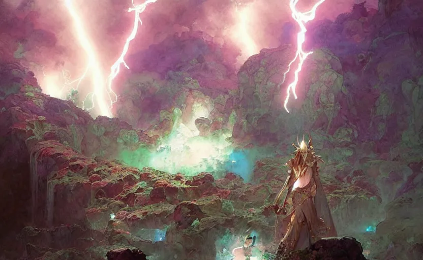 Image similar to the lightning goddess whearing knight armor, fantasy. intricate, amazing composition, colorful watercolor, by ruan jia, by maxfield parrish, by marc simonetti, by hikari shimoda, by robert hubert, by zhang kechun, illustration, gloomy