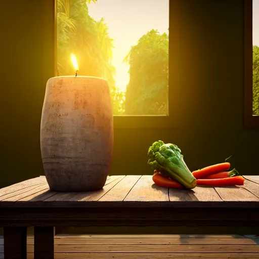 Prompt: a large vase with palms on top of a antique wooden table, vegetables on table and candle, medieval old concept art, cinematic lightning and colors, vray tracing, rendered in unreal engine, dark lightning, contrast shadows, super detailed, 8 k