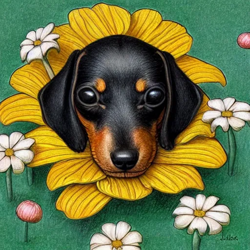 Prompt: mild, calm macro drawing of a very tiny black and tan Dachshund sleeping inside the flower, by Jacek Yerka