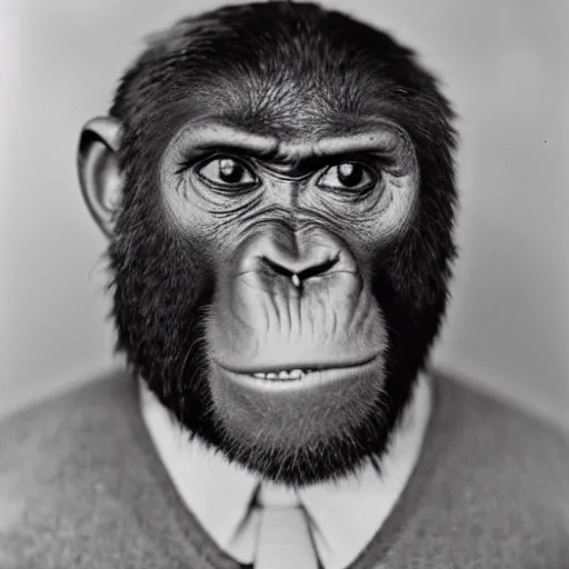 Image similar to 1930s mugshot of an ape holding a rifle, closeup portrait