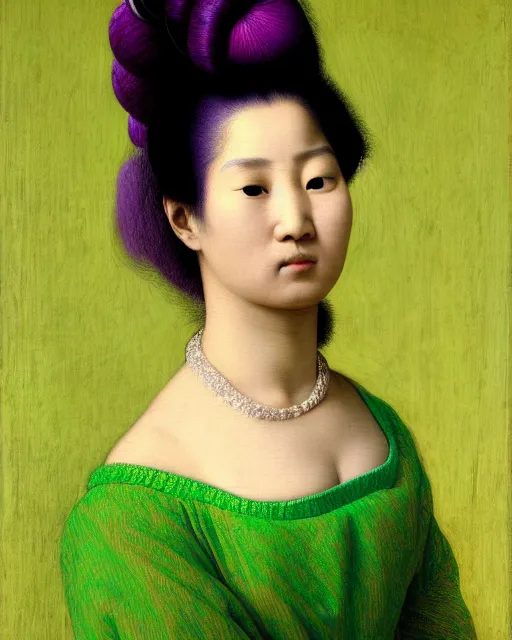 Image similar to photo-realistic portrait of an asian woman with purple hair buns, wearing a neon green dress by Vivienne Westwood, intricate details, masterpiece, in the style of Jean Auguste Dominique Ingres, black background