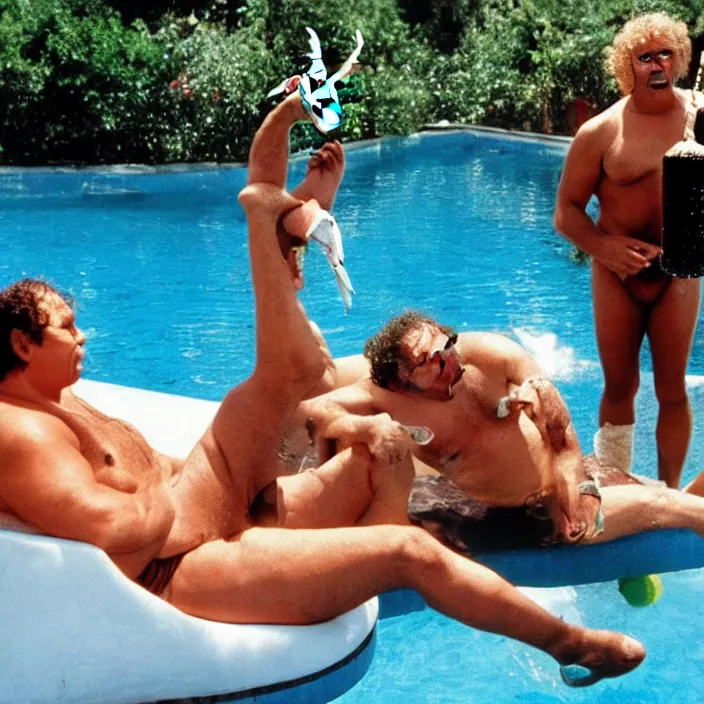 Prompt: andre the giant wearing a sequin speedo sitting by the pool with a goat and genghis khan from the movie bill & ted's excellent pool party, movie still, 8 k, realistic