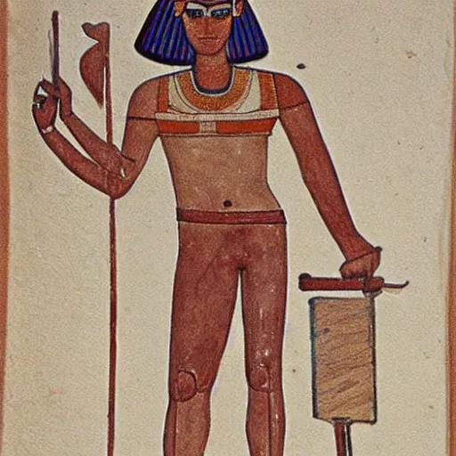 Image similar to Egyptian drawing of a man using a shake weight, ancient, photorealistic