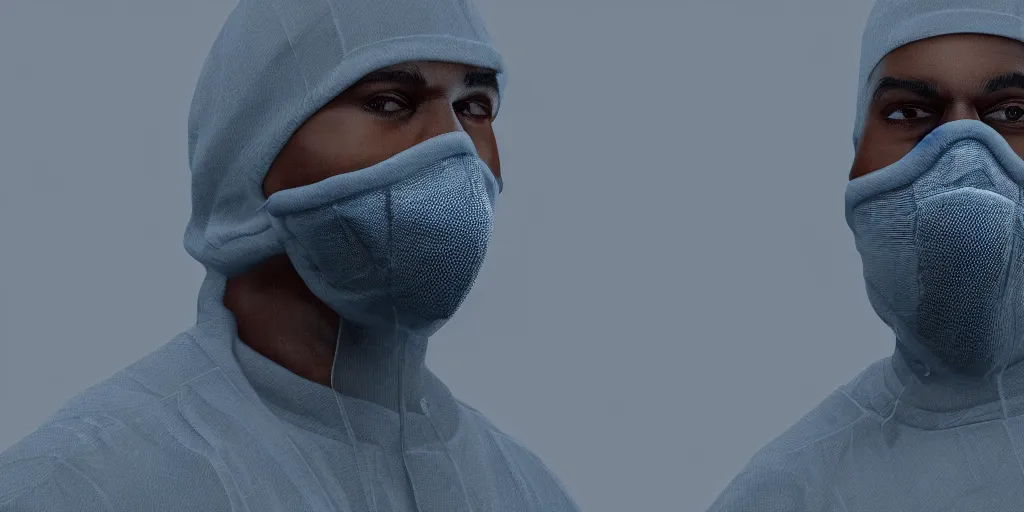 Prompt: kanye west wearing a cloth face covering mask, a small reflective blue puffer jacket made of nylon, jeans pants made and big black rubber boots in 3 d, blender, octane render, 3 d render, realistic, unreal engine, studio light, 4 k, 8 k