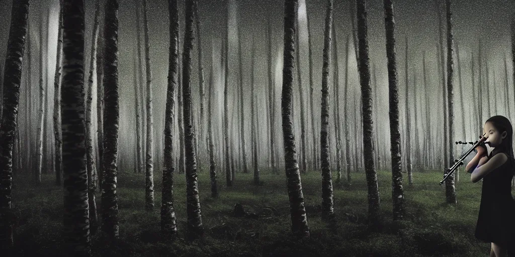 Image similar to young girl playing flute in the middle of a birch forest during a storm at night, lightning dragons race down toward her, low angle facing sky, cinematic, dramatic lighting, high contrast