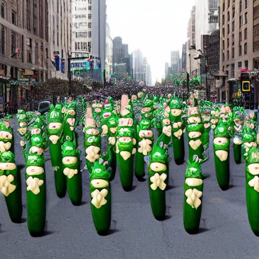 Image similar to a parade of stuffed pickle ricks marching down 5 th ave manhattan on st. patrick's day, 8 k, photo realistic, extremely life like