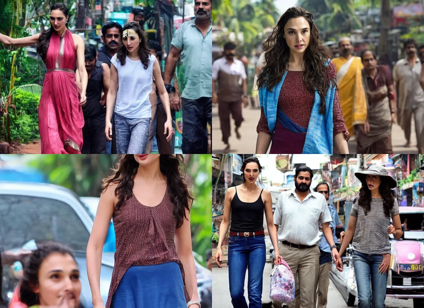 Prompt: gal gadot walking in the steets of kerala, cinematic