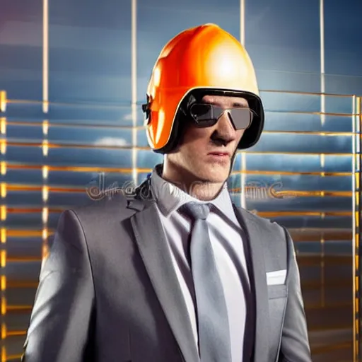 Prompt: man wearing a cone helmet, pilot glasses and a luxury suit, realistic, hdr, stock image,