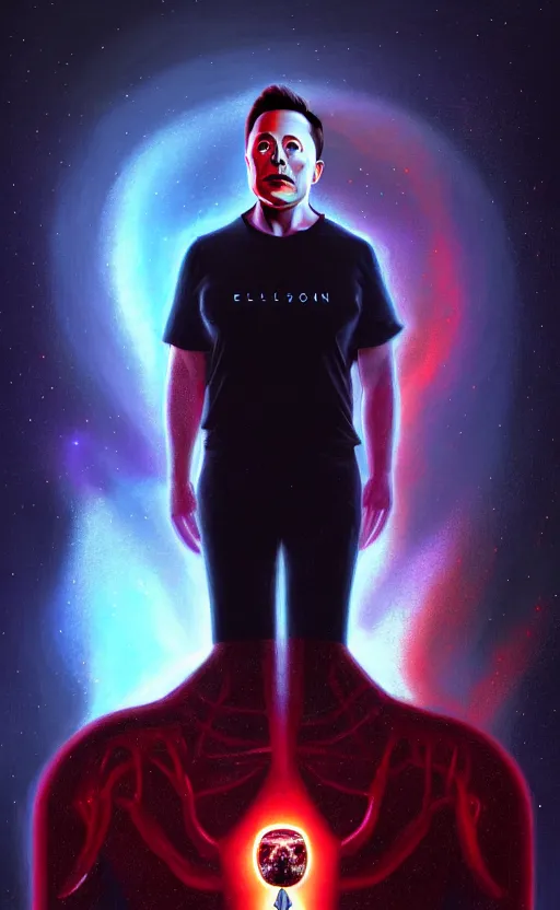 Image similar to a striking full body portrait of elon musk the eldritch god - creature, detailed artwork, realism, 4 k resolution, detailed, high quality, sharp focus, hq artwork, insane detail, volumetric lighting, character concept art, fine details, tarot card, clear subject