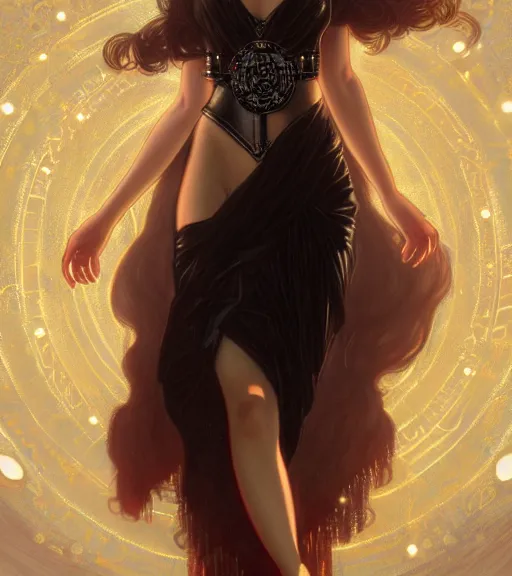 Prompt: portrait of teenage aphrodite, wicked smile, wearing leather coat, onyx bracelets, intricate, elegant, sparkling dark jewelry, glowing lights, highly detailed, digital painting, artstation, concept art, smooth, sharp focus, illustration, art by wlop, mucha, artgerm, and greg rutkowski