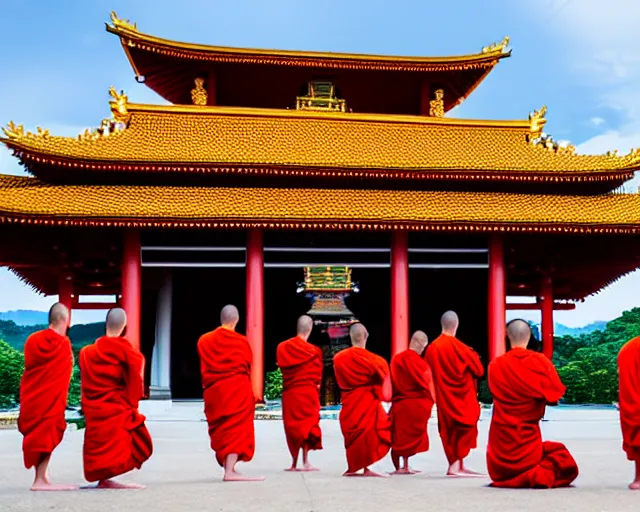 Prompt: a hyperrealistic scenery of 6 monks meditating in front of pagoda temple, extreme wide shot