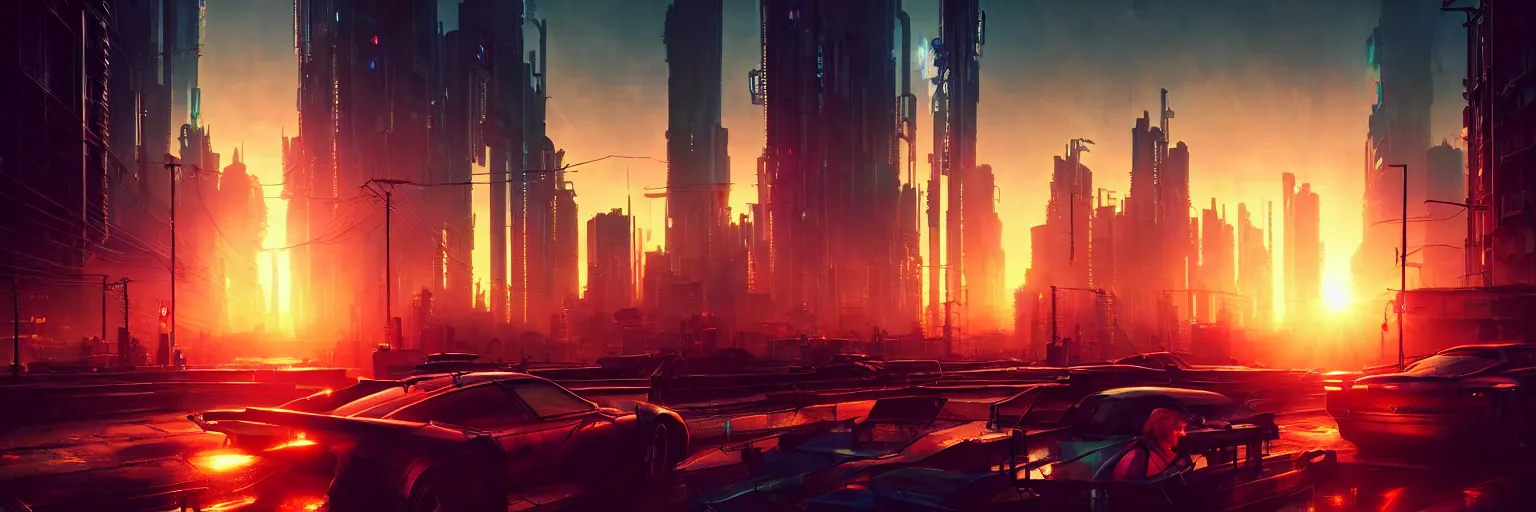 Prompt: cinematic photography of a cyberpunk city during sunset, sun flare back lighting, cyber led neon, bokeh, rule of thirds, hyper photorealistic, crispy quality, digital photography, art by artgerm, art by greg rutkowski, art by pascal blanche,