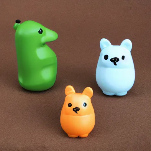 Image similar to some cute plastic toys that look like animal characters, forest colors