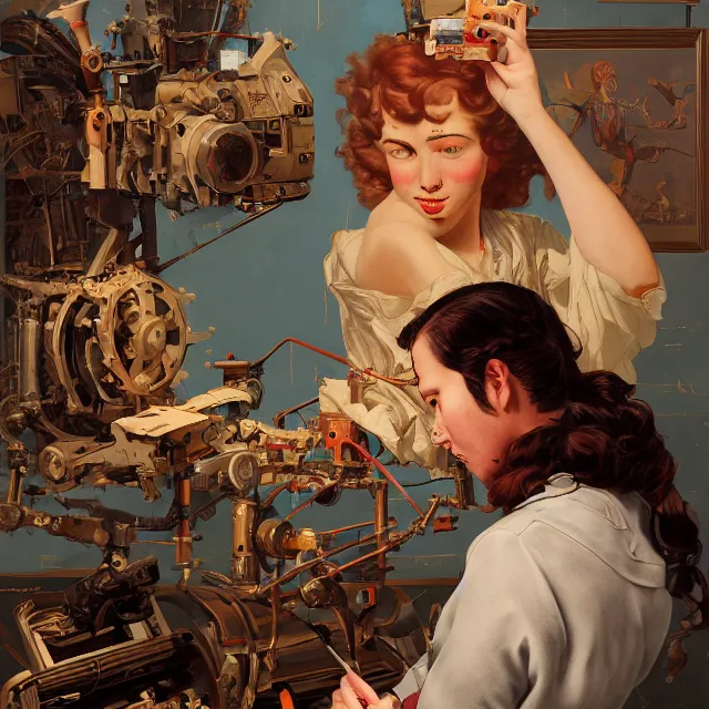 Image similar to mechanical artist painting a self - portrait on a canvas. intricate, highly detailed, digital matte painting, in the style of alexandros pyromallis, and in the style of sachin teng, and in the style of hans thoma, and in the style of gil elvgren. irony, recursion, inspiration.