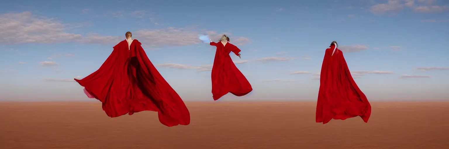 Image similar to a woman in an endlessly long red cape that ribbons across the sky behind her as she flies above a barren blue desert