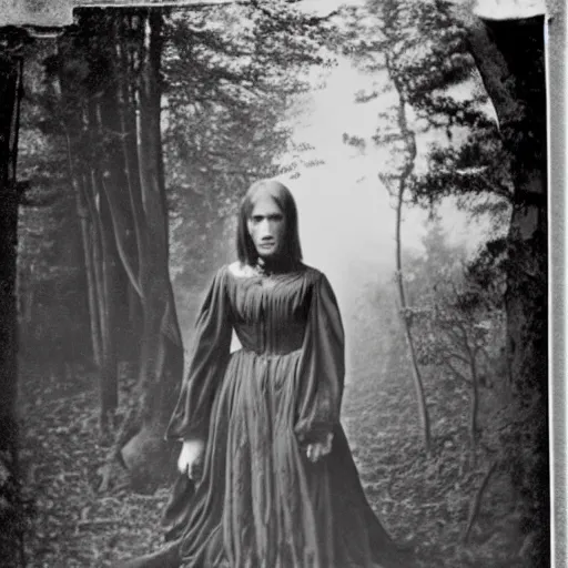 Image similar to spooky 1860 photo of an ancient girl demon devouring the the soul of the human kind on a dark forest