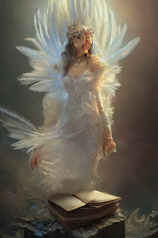 Image similar to beautiful ghost model wearing crystal white feathers, holding books, queen of storytelling, diamonds, angel, fantasy, dramatic lighting, highly detailed, digital painting, magic the gathering, hyper detailed, 3 d render, hyper realistic detailed portrait, peter mohrbacher, wlop, ruan jia