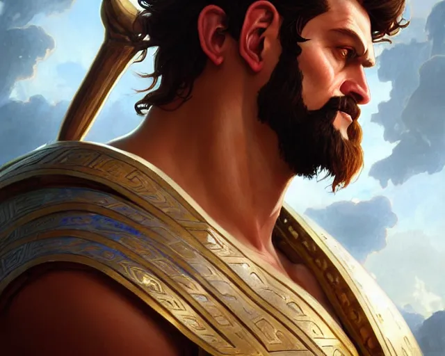 Image similar to andrew the giant depicted as a greek god, deep focus, d & d, fantasy, intricate, elegant, highly detailed, digital painting, artstation, concept art, matte, sharp focus, illustration, hearthstone, art by artgerm and greg rutkowski and alphonse mucha