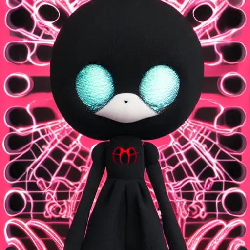 Prompt: cute fumo plush of a pure vantablack spidergirl with a white glowing heart, lens flare, gothic regal, vray, sparks and liquid fire