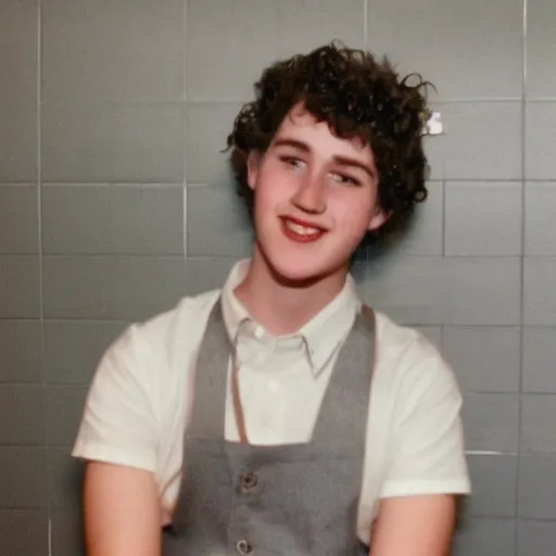 Image similar to 21 year old Jimmy John’s manager with pale skin and reddish brown curly hair is wearing a sleeveless black top and tapping a computer screen on the wall