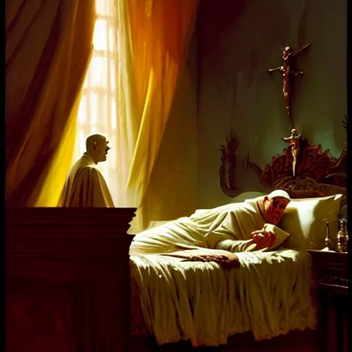 Prompt: the pope is in his bed, sweating, nervous and terrified, because a double horned shadow demon from hell lurks in the wall of the bedroom. highly detailed painting by gaston bussiere, j. c. leyendecker, greg rutkowski, craig mullins 8 k