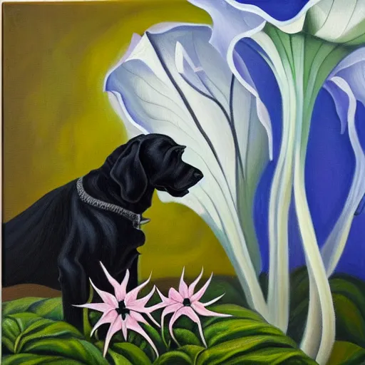 Image similar to oil painting of datura strammonium flowers with a vicious black dog in the foreground