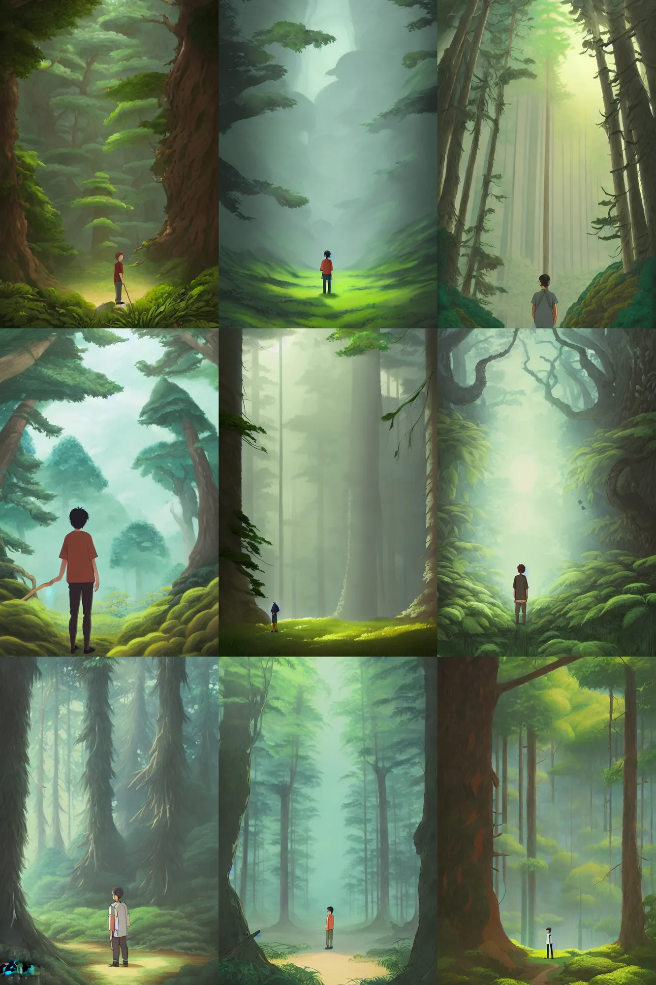 Prompt: a painting of a man standing in the middle of a forest, a storybook illustration by Studio Ghibli, behance contest winner, fantasy art, matte drawing, matte painting, storybook illustration