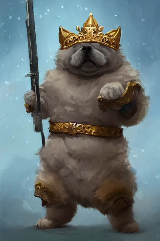 Image similar to cute anthropomorphic blue tong chow chow knight wearing a cape and a crown and holding a sniper, tiny, small, miniature chow chow, baby animal, short, pale blue armor, cute and adorable, pretty, beautiful, DnD character art portrait, matte fantasy painting, DeviantArt Artstation, by Jason Felix by Steve Argyle by Tyler Jacobson by Peter Mohrbacher, cinematic lighting