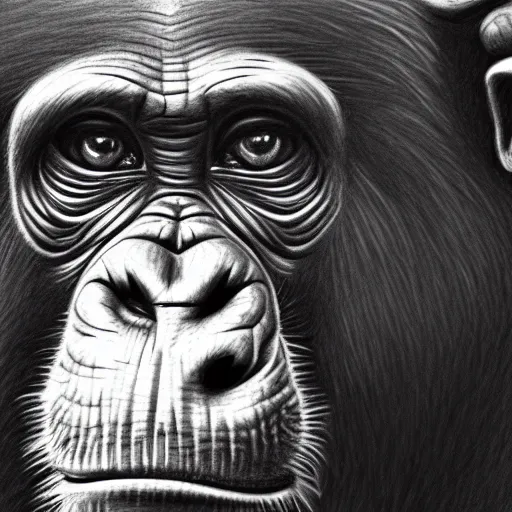 Image similar to a very detailed pencil drawing of a happy chimpanzee 4 k, high resolution, still, landscape, hd, dslr, hyper realistic, sketch