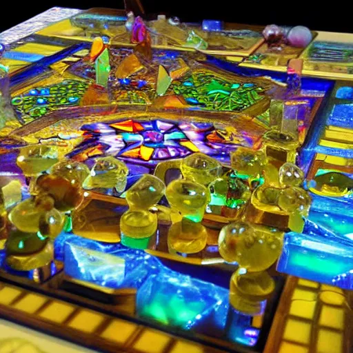 Prompt: angelic n64 cyber realm where children are at a crystal table playing esoteric board games crt videogames, highly detailed, intricate, playful divine atmosphere